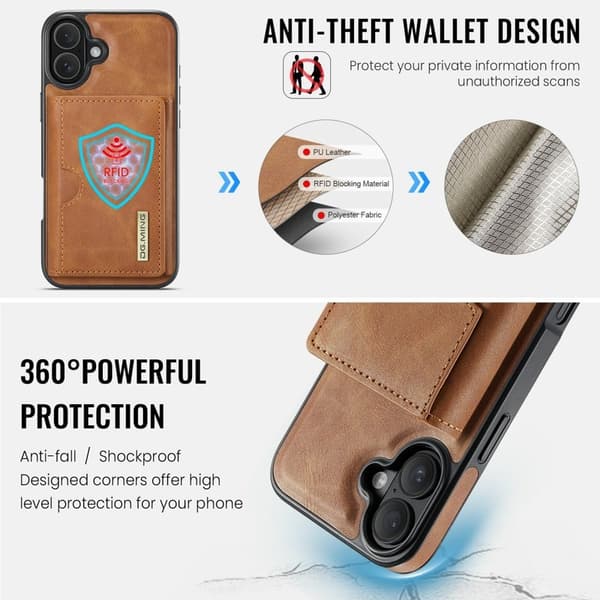 DG.MING M6 Series Mobilskal till iPhone 16 Plus Magnetiskt Plånboksfodral Brun