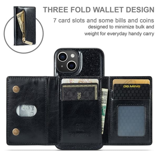 DG.MING M3 Series iPhone 15 Plus Konstläder Plånboksfodral Kickstand Svart