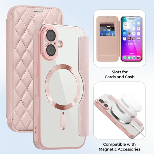 iPhone 17 Plånboksfodral MagSafe Rhombus Konstläder - Rosa Rosa