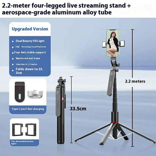 Selfiestick Bluetooth med Dubbelt Lampa V2 P185MAX