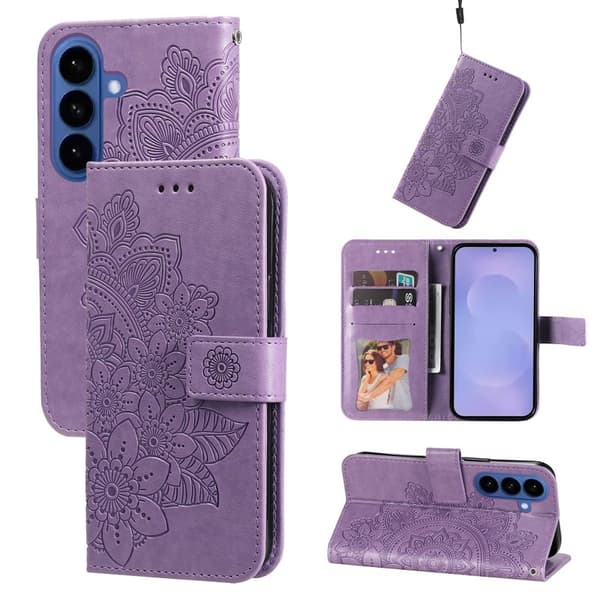 Samsung Galaxy S26 Plus Plånboksfodral Blommönster Konstläder Ställ - Lila