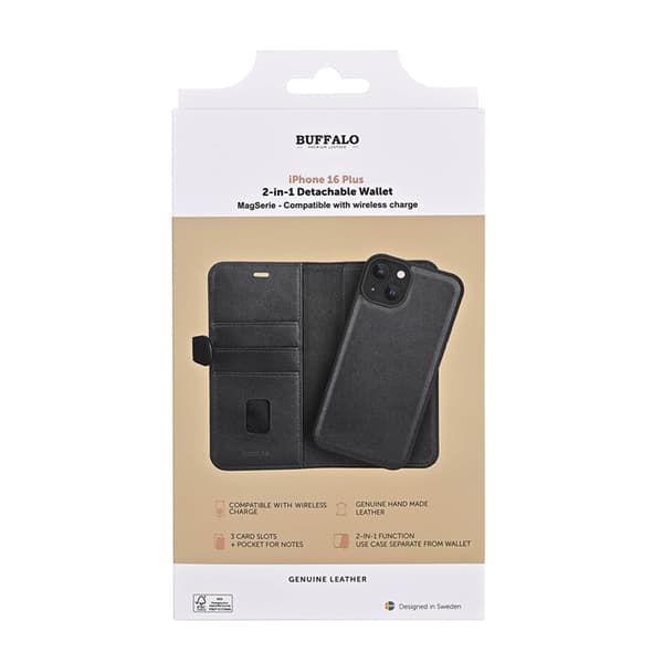 BUFFALO Ægte Læder iPhone 16 Plus Pung Taske MagSafe 2-i-1 - Sort Black