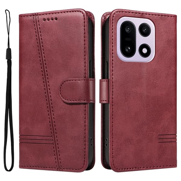 OnePlus 15 5G Plånboksfodral T-Shape Lines Konstläder Vinröd