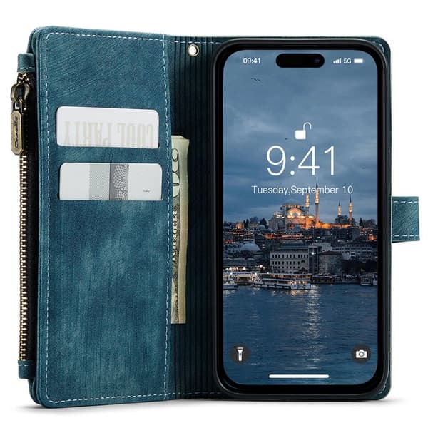 CASEME Konstläder Plånboksfodral för iPhone 15 Pro Max med Rem - Blå