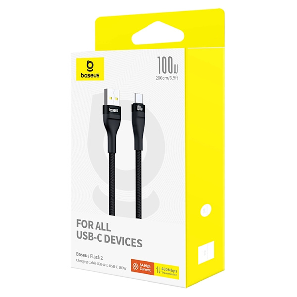 Baseus USB-C till USB-A kabel Flash 2 100W 2m- Svart Svart