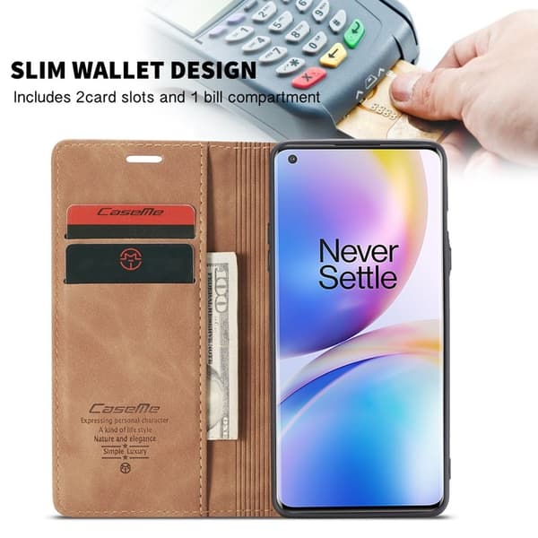 CASEME Series Plånboksfodral Konstläder för OnePlus 8 Pro - Brun