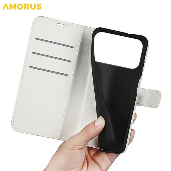 AMORUS iPhone 17 Pro Konstläder Plånboksfodral Flipstativ Litchi - Vit Vit