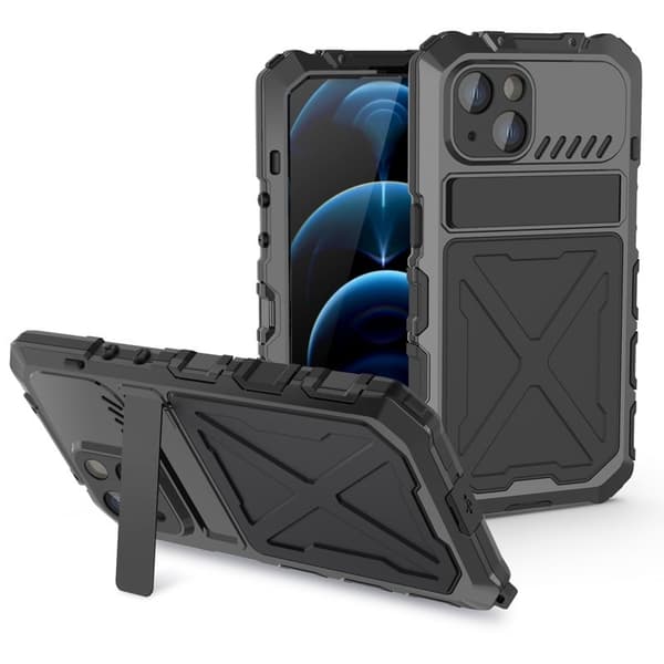 R-JUST Mobilskal till iPhone 14 Kickstand Silikon + Metall Svart