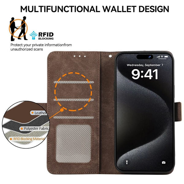 ABEEL iPhone 15 Pro Max Plånboksfodral Konstläder Ställ RFID Skydd - Brun