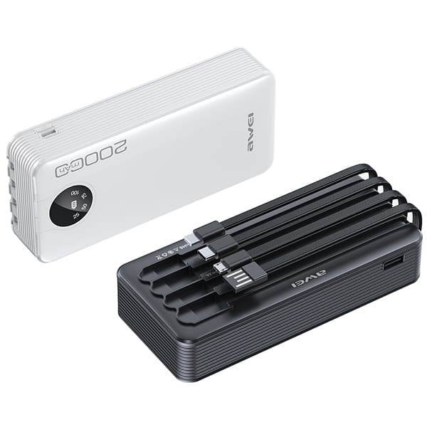Awei Powerbank 20000mAh med Micro-USB/USB-C/Lightning Kabel - Sort Black