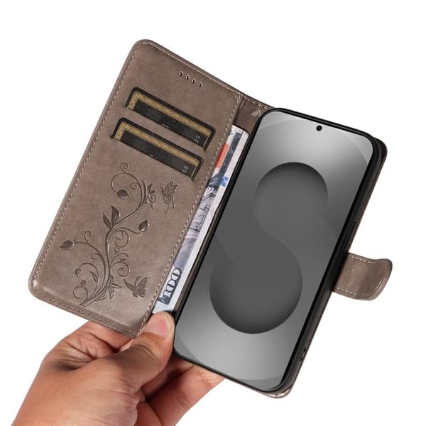 Samsung Galaxy S26 Ultra Plånboksfodral Konstläder Blommönster - Grå