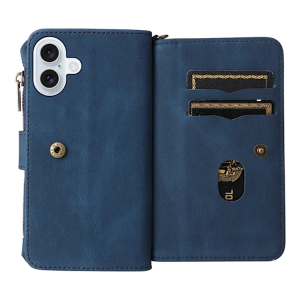 iPhone 17 Konstläder Plånboksfodral Zipper Rem Blå