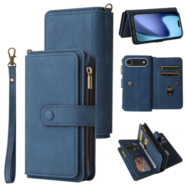 iPhone 17 Air Konstläder Plånboksfodral Zipper Rem Blå