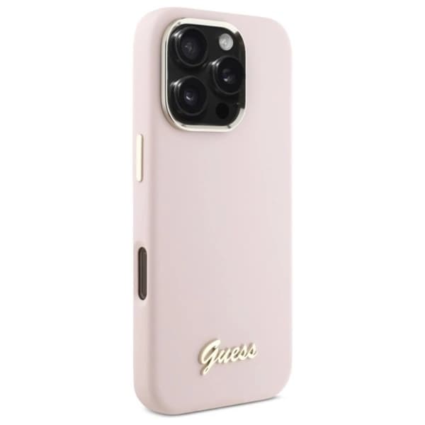 Guess Telefontaske til iPhone 16 Pro Max Silicone Script Metal Logo - Lyserød Rosa