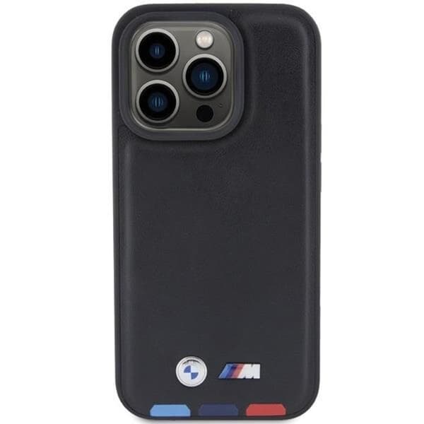 BMW iPhone 15 Pro Mobilskal Läder Stamp Tricolor - Musta Black