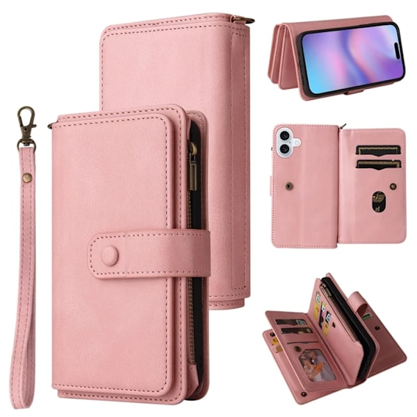 iPhone 17 Konstläder Plånboksfodral Zipper Rem Rosa