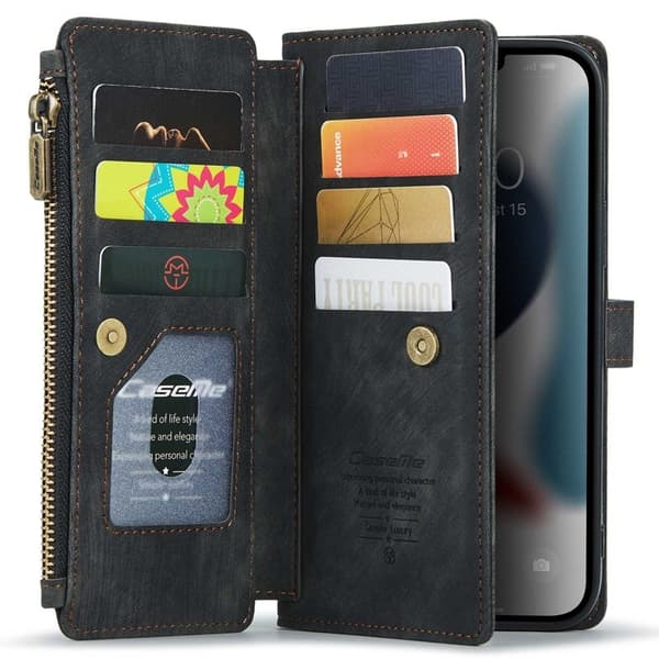 CASEME Konstläder Plånboksfodral för iPhone 13 Pro Max med rem - Svart