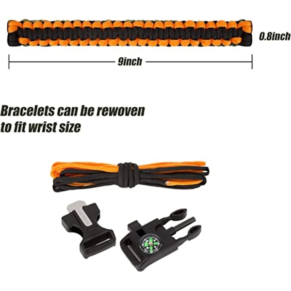 Överlevnadsarmband Paracord l Kompass , Visselpipa , Flintbrandstartare - Orange