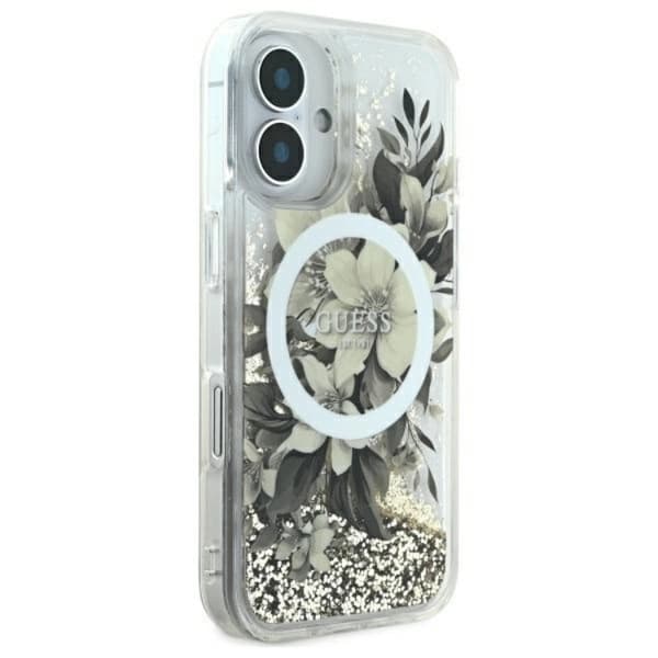Guess Mobilskal till iPhone 16 MagSafe Liquid Glitter Flower Beige