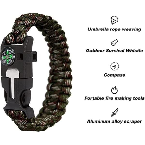 Overlevelsesarmbånd Paracord l Compass Whistle Flint Fire Starter