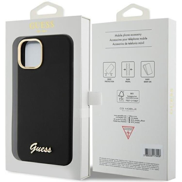 Guess iPhone 15 Mobilskal Silikon Script Metal Logo & Frame - Musta Black