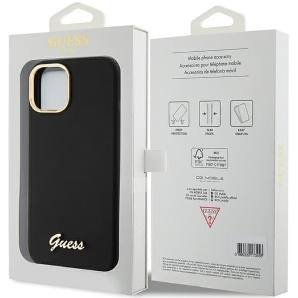 Guess Mobilskal till iPhone 15 Silikon Script Metal Logo Frame Svart
