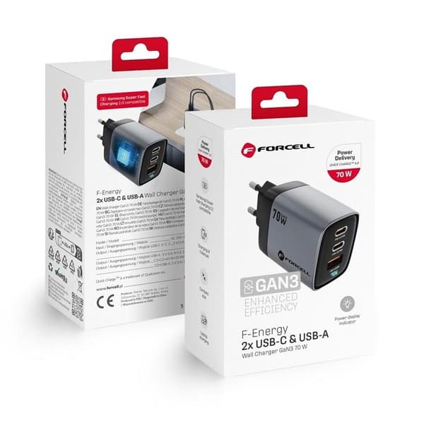 Forcell hurtigoplader 70W PD QC4.0 GaN III F-ENERGI Grå