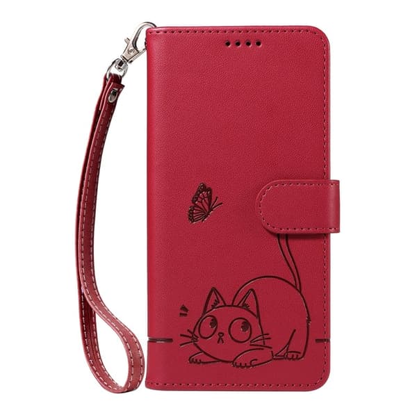 Cat Pattern Samsung Galaxy S26 / S26 Pro Skal Äkta Läder - Röd