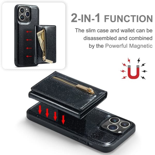 DG.MING M3 iPhone 15 Pro Kickstand Plånboksfodral Glitter Konstläder Svart