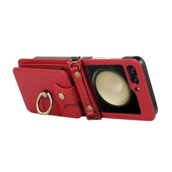 Galaxy Z Flip7 Plånboksfodral Ring Kickstand med Lång rem - Röd Röd