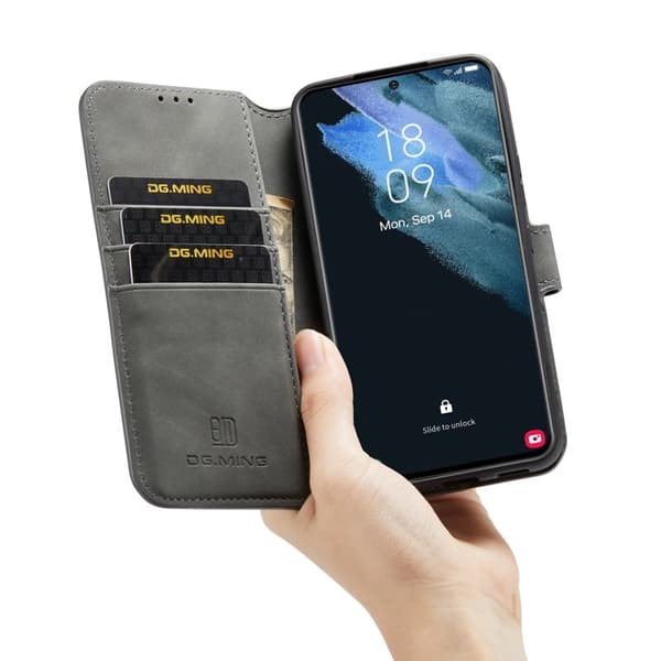DG.MING Plånboksfodral Konstläder Skyddande Ställ för Samsung Galaxy S22+ Grå