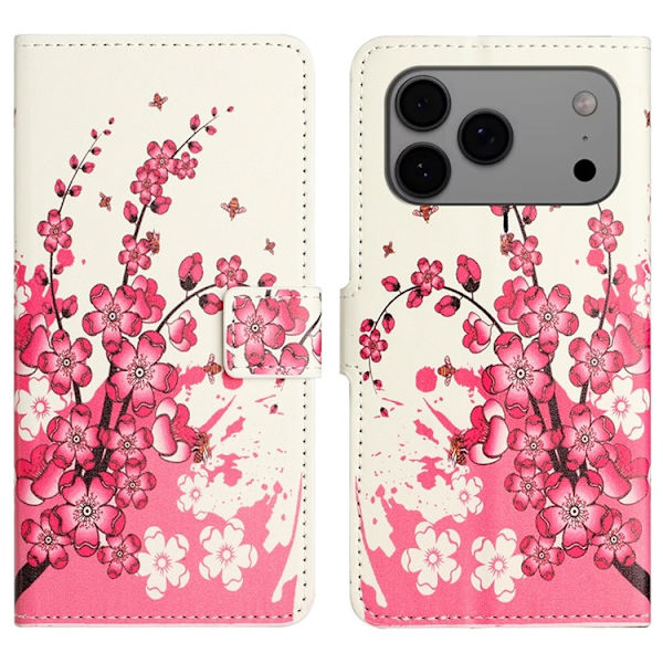 iPhone 17 Pro Max Konstläder Plånboksfodral Pattern Print - Plum Blossom Rosa