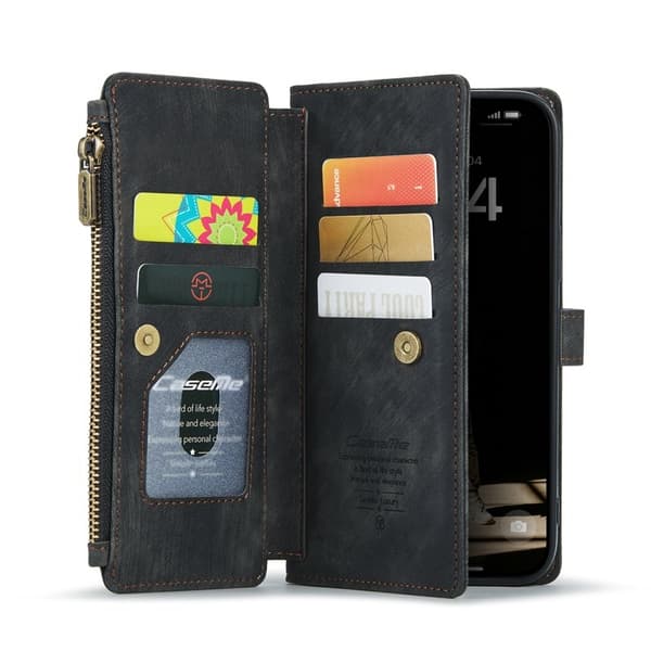 CASEME Konstläder Plånboksfodral till iPhone 16 Plus med rem - Svart