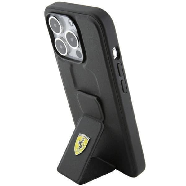 Ferrari Telefontaske til iPhone 15 Pro Grip Stand Metal Logo - Sort Black