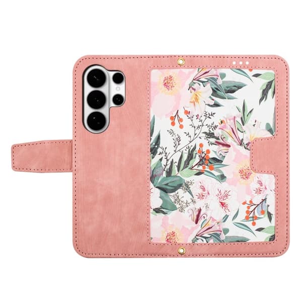 Mobilskal till Samsung Galaxy S26 Ultra PU Läder Blommönster - Rosa
