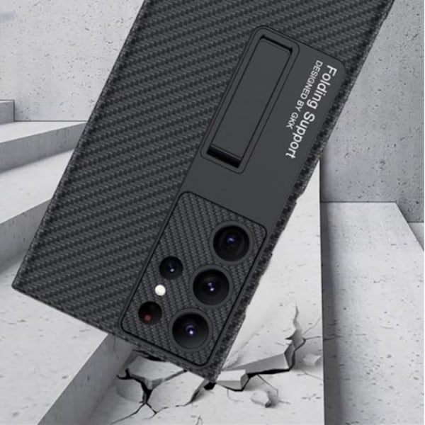 GKK Galaxy S23 Ultra Mobilskal Kickstand PU-Läder - Carbon Svart