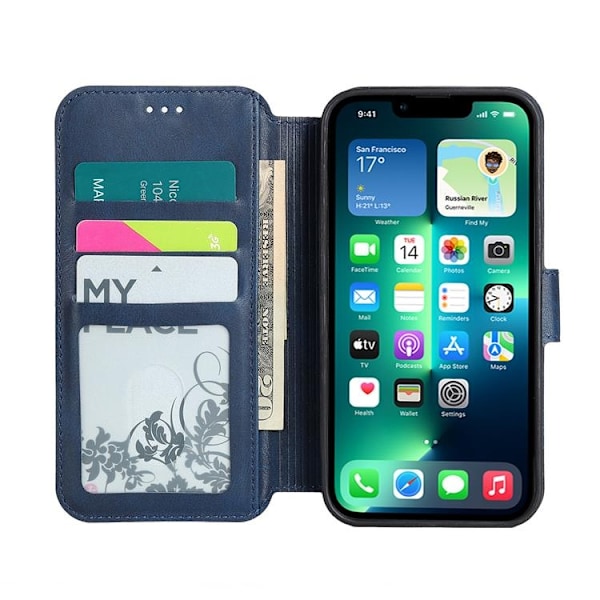 BOOM iPhone 14 Pro Plånboksfodral Calfskin - Blå Blå