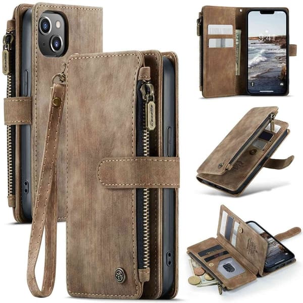 CASEME C30 Plånboksfodral för iPhone 14 6.1 tum, Brun Konstläder