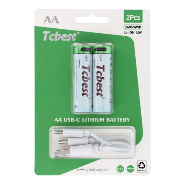 [2-Pack] TCBEST Uppladdningsbart Batteri R6 (AA) 650 mAh Typ-C