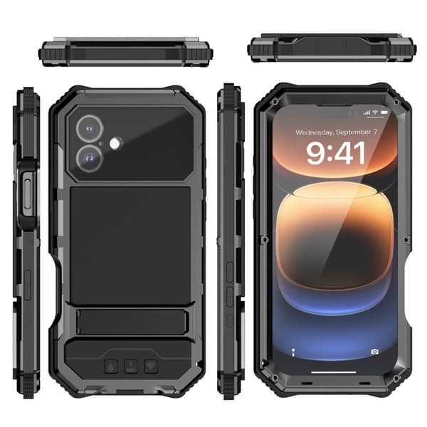 R-JUST Mobilskal till iPhone 16 Plus PC+Silicone+Metal Ställ - Svart