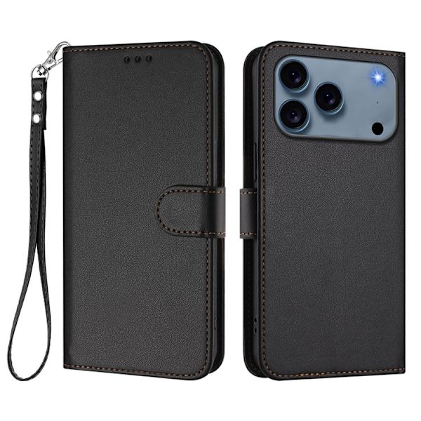 iPhone 17 Pro Plånboksfodral Läder med Handledsrem - Svart Svart