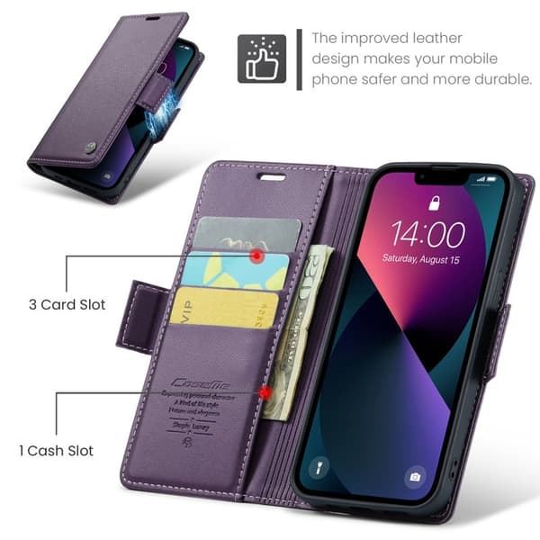 CASEME Plånboksfodral Konstläder för iPhone 15 Plus RFID-Skydd Lila