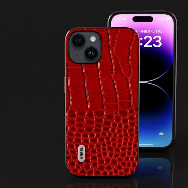 ABEEL iPhone 15 Plånboksfodral Anti-fall Äkta Läder Röd