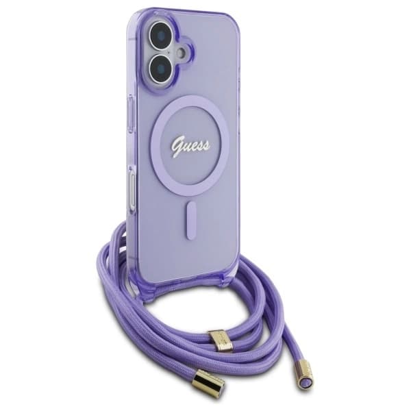 Guess Telefontaske til iPhone 16 MagSafe Crossbody Cord Script - Lilla Lila