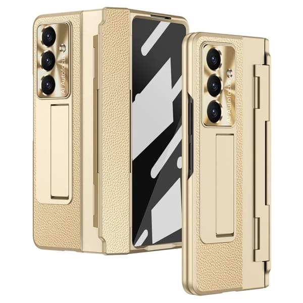 Mobilskal till Galaxy Z Fold7 5G läder + PC Kickstand - Guld Guld