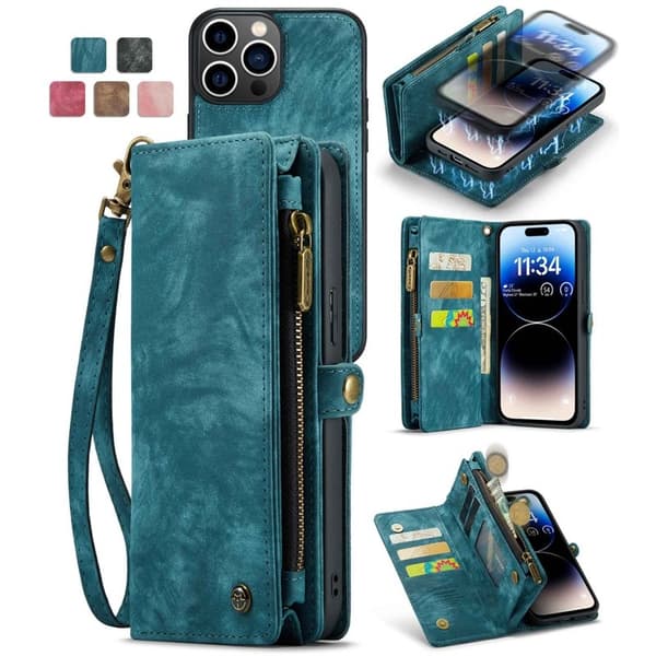 CASEME 008 Series 2-in-1 TPU + Plånboksfodral Konstläder iPhone 13 Pro Max Blå