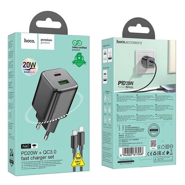 Hoco Väggladdare 1xUSB-C 1xUSB-A 20W + Lightning Kabel N41 - Svart Black