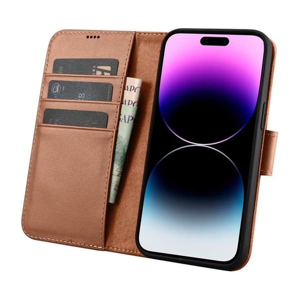 iCarer iPhone 14 Pro Max Plånboksfodral 2in1 Anti-RFID Äkta Läder - Brun Brun
