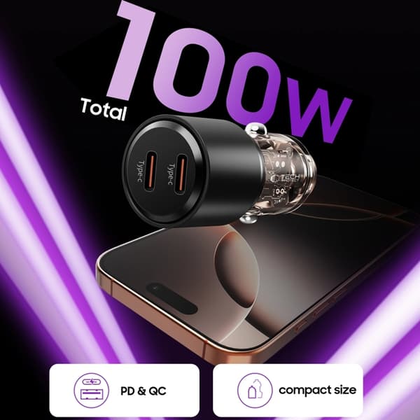 Tech Protect Biloplader USB-C Til USB-C 100W - Sort Svart