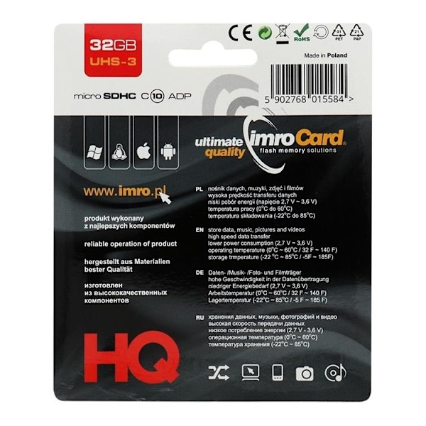 Imro Minneskort MicroSD 32GB Med Adapter Klass 10 UHS 3